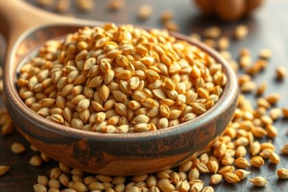 Mustármag egy fa tálban, egészségügyi előnyökkel