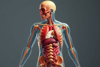 Az emberi test részletes anatómiai ábrázolása, látható szervek és rendszerek.