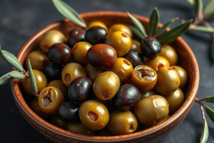 Friss olívabogyók tálban, egészséges nassolnivaló.