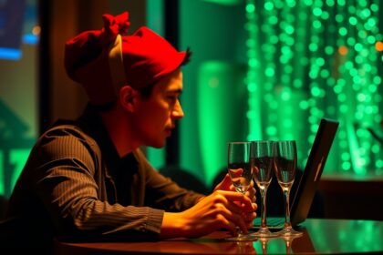 Férfi számítógép előtt pezsgőspoharakkal, ünnepi hangulatban