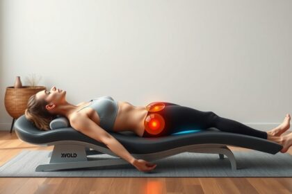 Egy nő pihen egy denéverpadon, gerincfájdalmai enyhítése céljából.