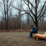 Fiatal férfi ül egy padon, miközben hívást vár egy ingerszegény környezetben.