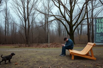 Fiatal férfi ül egy padon, miközben hívást vár egy ingerszegény környezetben.