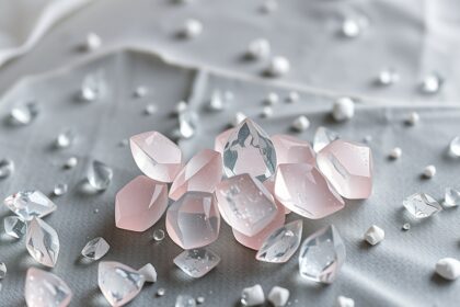 Jódkristályok és vízcseppek egy világos háttéren.