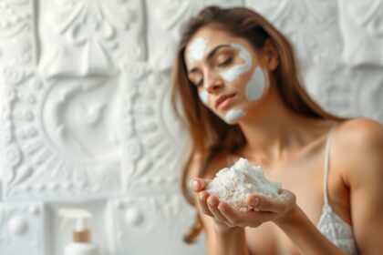 Nő természetes bőrápoló maszkot visel, kovafölddel az arca mellett.