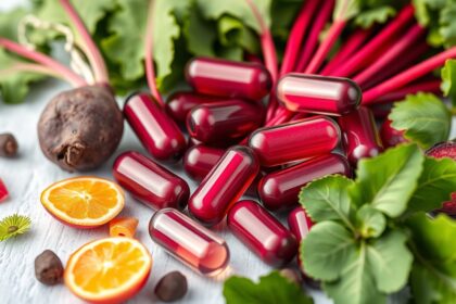 Cékla kapszula és friss zöldségek egészséges kombinációja