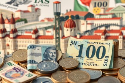 Pénzek és érmehalmok Budapest látképével, gazdasági témákkal.