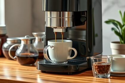 Automata kávéfőző működés közben frissen készített kávéval.