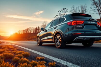 Modern autó visszagurulásgátlóval naplementében az úton.