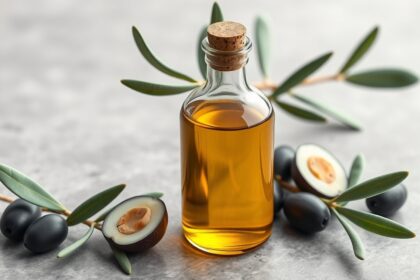 Üveg üveg olívaolaj olajbogyókkal és olajfa levelekkel