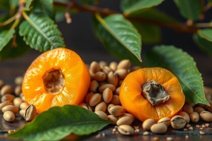 Keserű sárgabarackmag és friss sárgabarack darabok zöld levelek között.