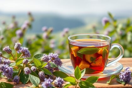 Lestyán tea in a glass cup with herbs and flowers around it