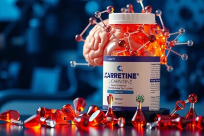 Acetil-L-karnitin táplálékkiegészítő üvege agyi egészséggel kapcsolatos témában.