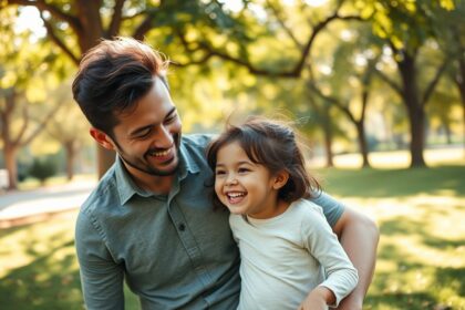 Apa és lánya boldogan játszanak a szabadban.