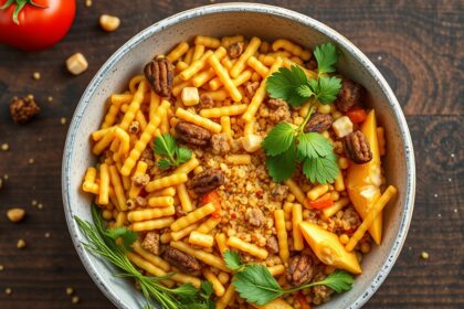 Egészséges kukoricadara étel friss zöldségekkel és fűszerekkel