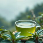 Friss sencha zöld tea egy üvegcsészében japán környezetben