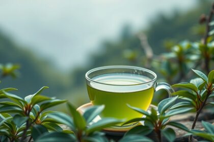 Friss sencha zöld tea egy üvegcsészében japán környezetben