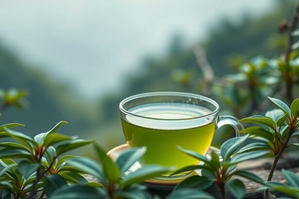 Friss sencha zöld tea egy üvegcsészében japán környezetben