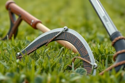 Alternáló kasza a fűben, innovatív mezőgazdasági eszköz.