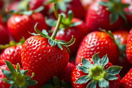 Friss szamócák fürtje, gazdag C-vitaminnal és antioxidánsokkal.