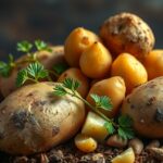 Friss burgonyák különböző fajtái egy tálban, zöld fűszernövényekkel