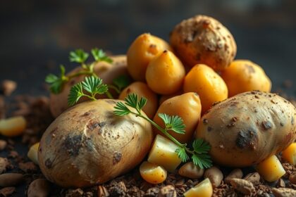 Friss burgonyák különböző fajtái egy tálban, zöld fűszernövényekkel