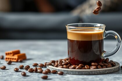 Egy csésze kávé és kávészemek a könyvespolc melletti asztalon