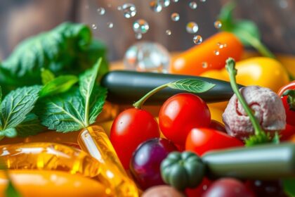 Színes zöldségek és vitamin kapszulák, egészséges táplálkozás.