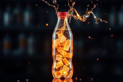 Üdítő energiaital jéggel, felszálló víz spriccel a palackból.