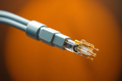 Optikai kábel közeli kép, amely bemutatja a csatlakozókat.