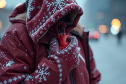 Ember meleg téli ruhában, hideg időjárásban, szívét védve.