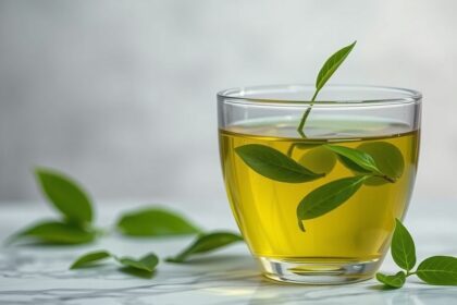 Friss zöld tea pohárban, körülötte zöld tealevelek