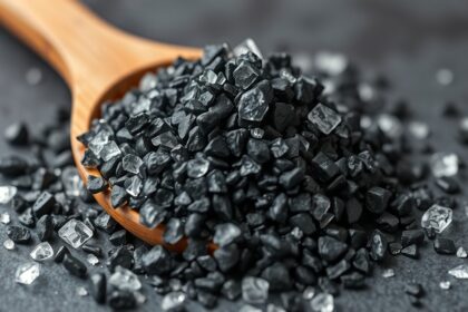 Fekete só fűszer ásványi anyagokkal dúsítva egy fakanálban.