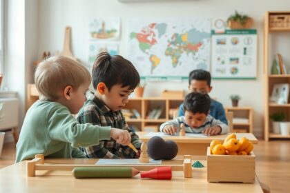 Gyerekek Montessori osztályteremben, különböző fejlesztő játékokkal.