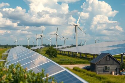 Napenergia és szélerőművek egy zöld energiafarmon