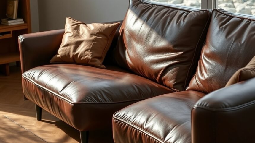 Barna textilbőr kanapé párnával a nappaliban