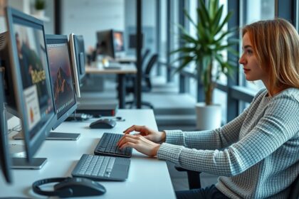 Nő ergonomikus gépelés közben számítógép előtt, munkahelyi környezetben