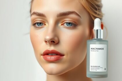 Niacinamid szérum arcbőrre, fiatal női modell, egészséges bőrápolás.