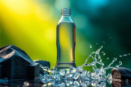 Aktív O2 oxigénes víz palack vízpermettel, természetes környezetben.