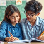 Két gyermek tanul házi feladatot egy osztályteremben.