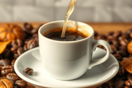 Koffeinmentes kávé csésze kávézóban, körülötte kávébabra és babokkal.