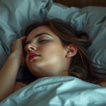 Fiatal nő alszik puha takaró alatt egy békés környezetben.