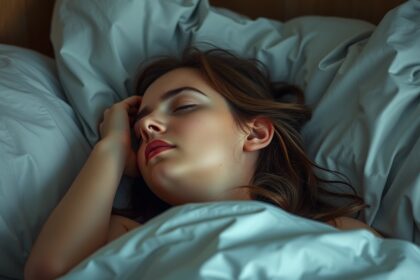 Fiatal nő alszik puha takaró alatt egy békés környezetben.