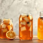 Frissítő kombucha fermentált ital gyümölcsökkel tálalva