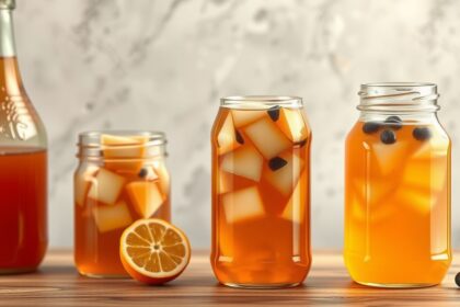Frissítő kombucha fermentált ital gyümölcsökkel tálalva