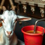 Kecske fejőgép működés képe, piros vödör tejjel.