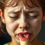 Gyermek torma ízlelés közben, arckifejezésében az irritáció jelei látszanak.