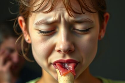 Gyermek torma ízlelés közben, arckifejezésében az irritáció jelei látszanak.