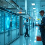 Férfi egy modern terminálon, digitális kijelzők előtt, ugrókódokkal.