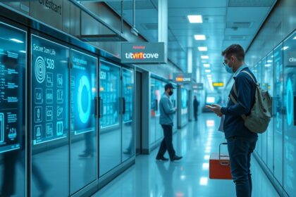 Férfi egy modern terminálon, digitális kijelzők előtt, ugrókódokkal.